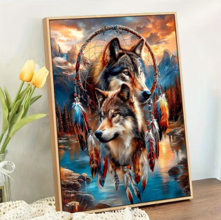 Preview: Diamond Painting Traumfänger mit zwei Wölfen